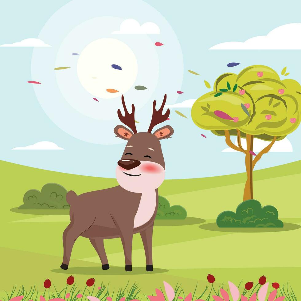 bellissimo illustrazione di un' carino renna su il primavera paesaggio sfondo vettore