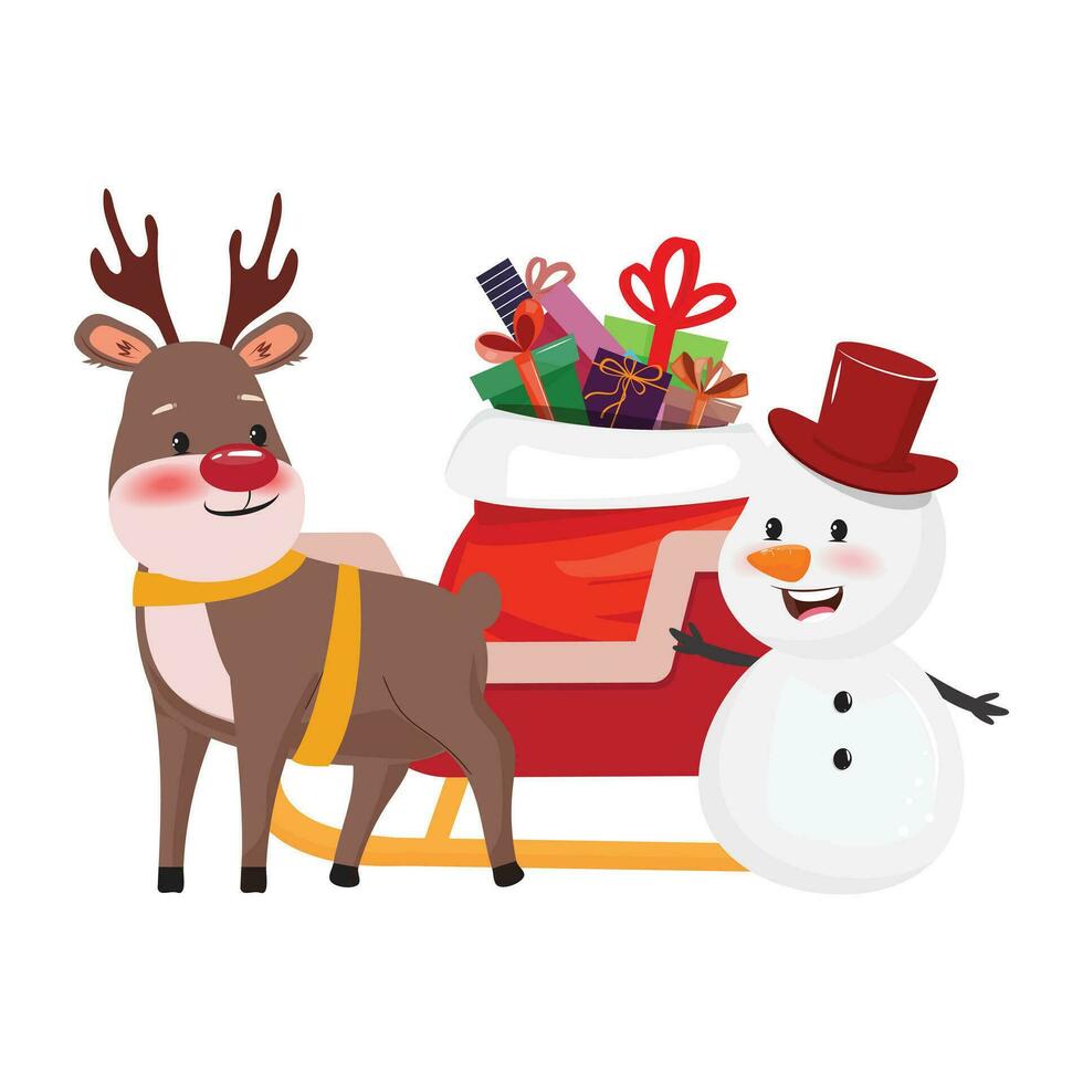 cartone animato illustrazione un' renna e pupazzo di neve in piedi Il prossimo per autunno Santa Claus sacco. Natale illustrazione vettore