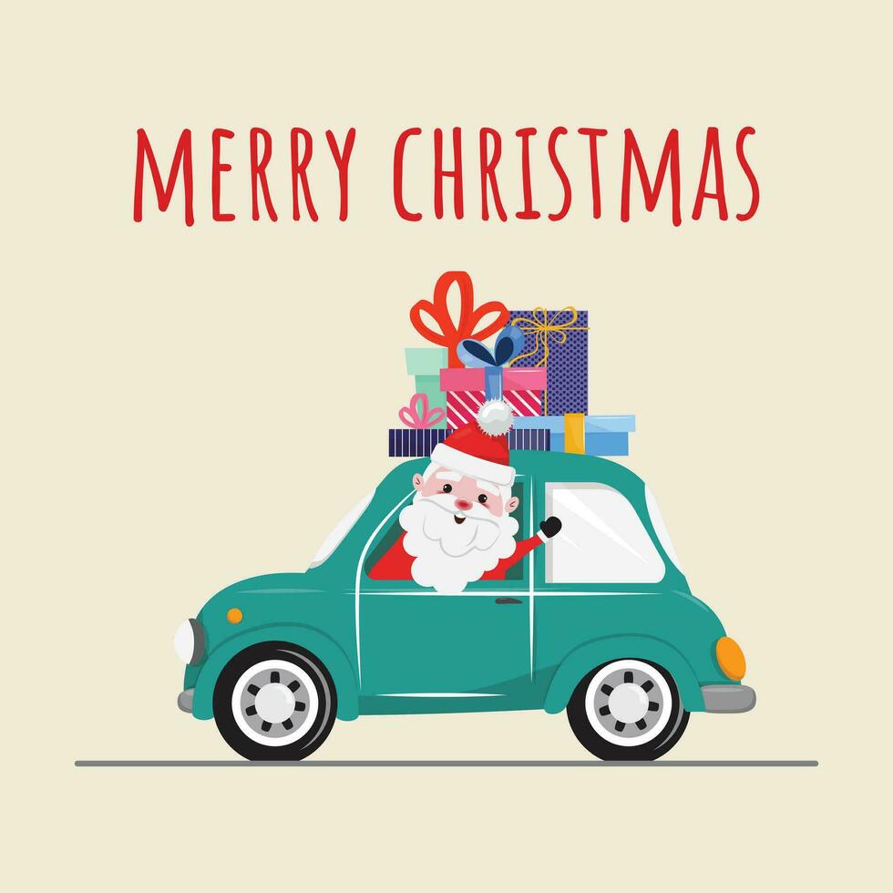 cartone animato illustrazione con un' Santa Claus guida nel un' verde auto e trasporto i regali vettore