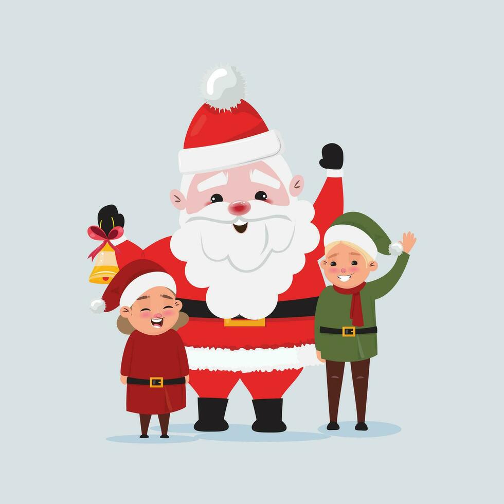Santa Claus con elfi saluto. Natale elfo. carino cartone animato Natale concetto vettore