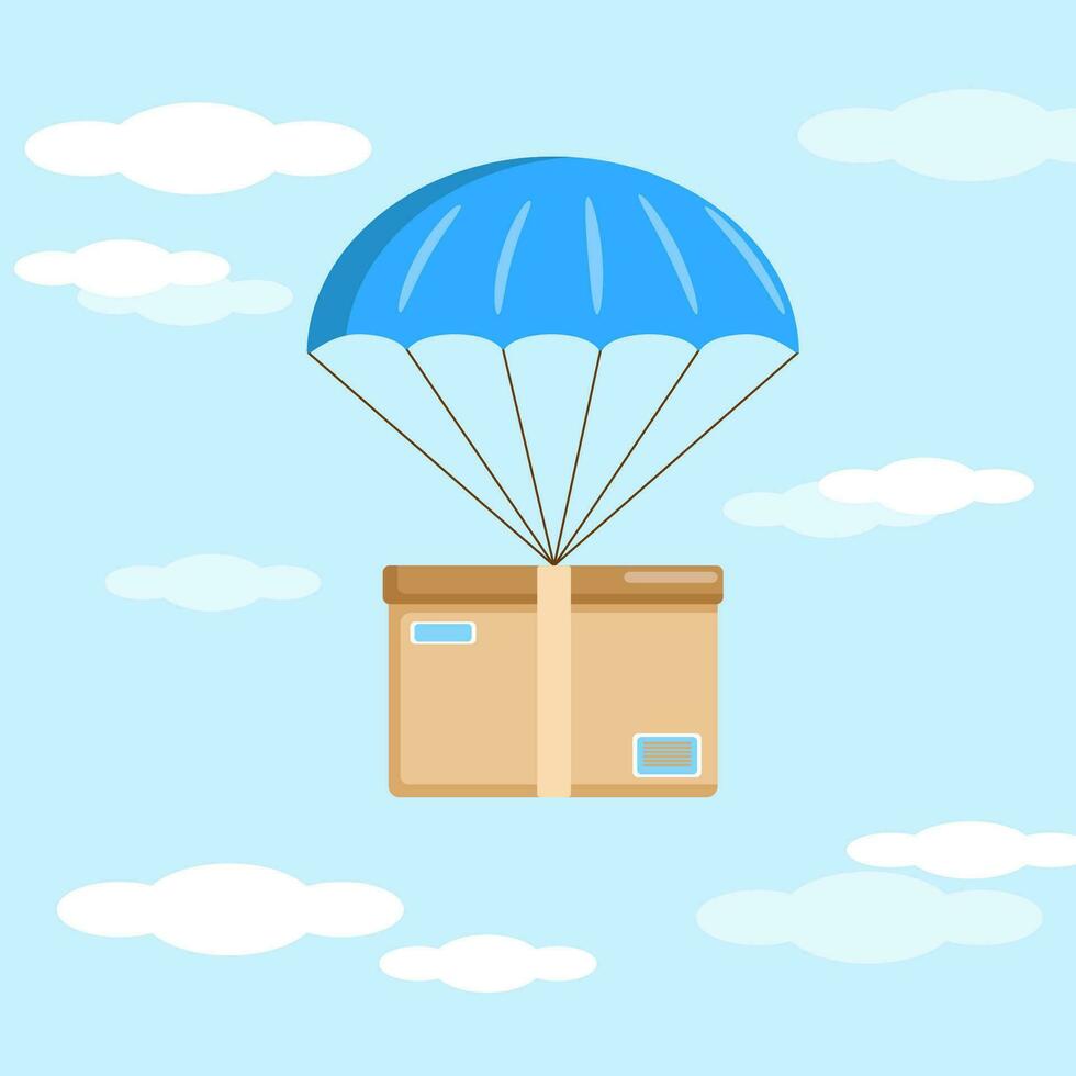 un' paracadute volante scatola. consegna concetto. vettore