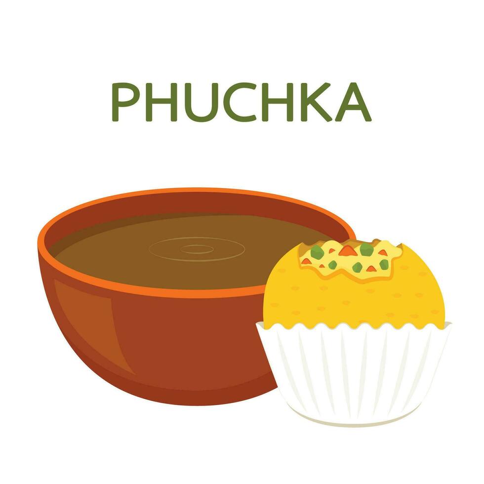 phuchka è indiano cibo. Gol gap cartone animato vettore su bianca sfondo.