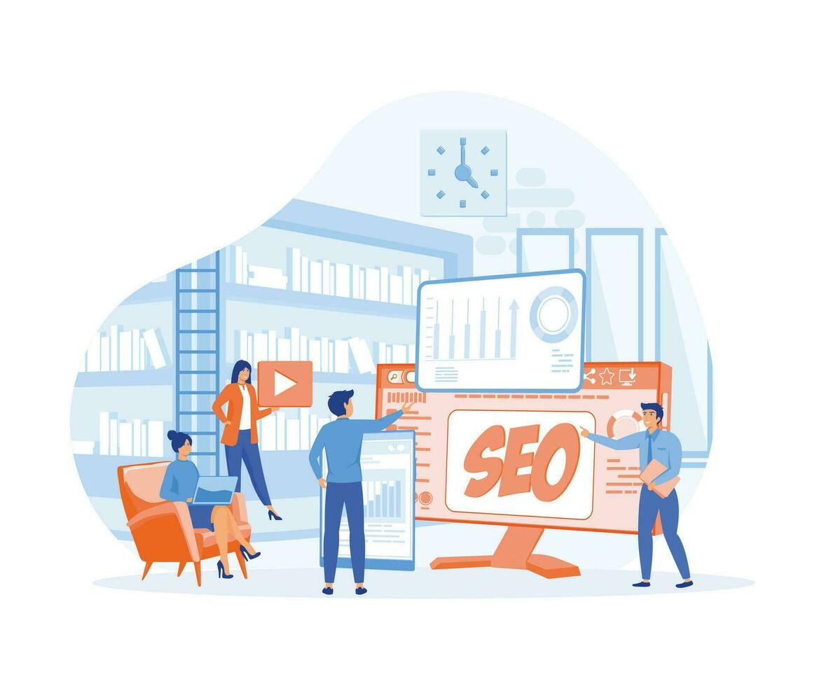 ricerca motore ottimizzazione, SEO analisi, marketing strategia per sito web e mobile sito web. piatto vettore moderno illustrazione