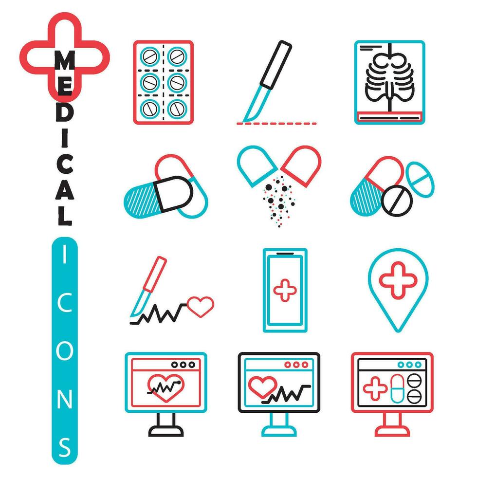 impostato di medico icone schema stile vettore illustrazione