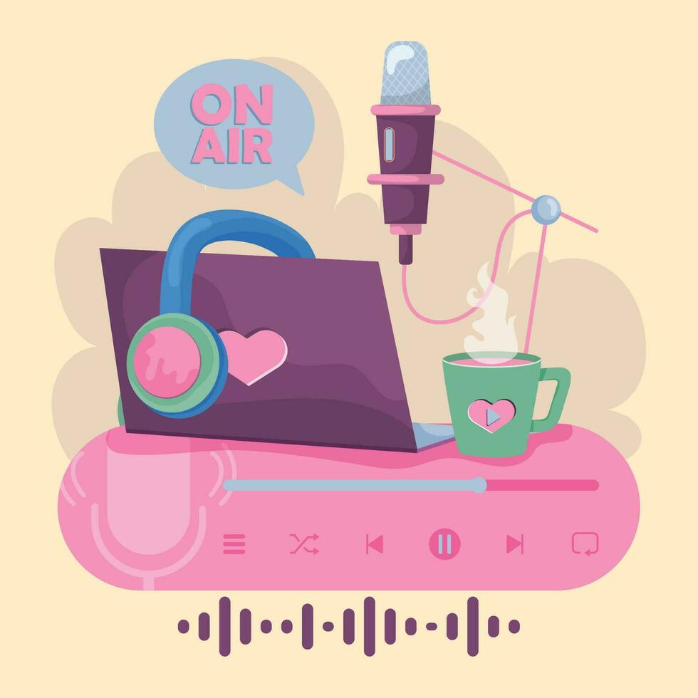 il computer portatile con microfono e cuffie su aria Podcast concetto vettore illustrazione