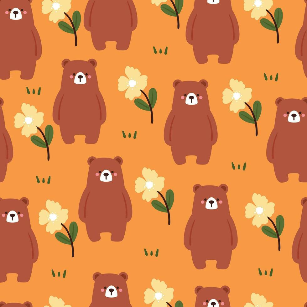 senza soluzione di continuità modello cartone animato orso con fiori. carino animale sfondo illustrazione per regalo avvolgere carta vettore
