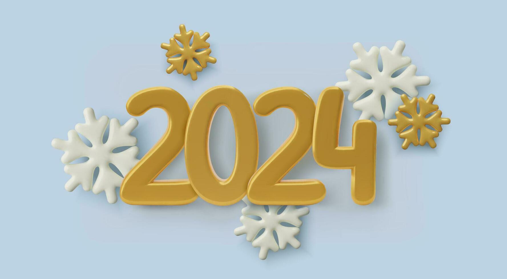 2024 nuovo anno 3d numeri e fiocchi di neve. inverno vacanza festivo bandiera design con tre dimensionale realistico bianca e d'oro elementi su leggero blu sfondo. vettore illustrazione.