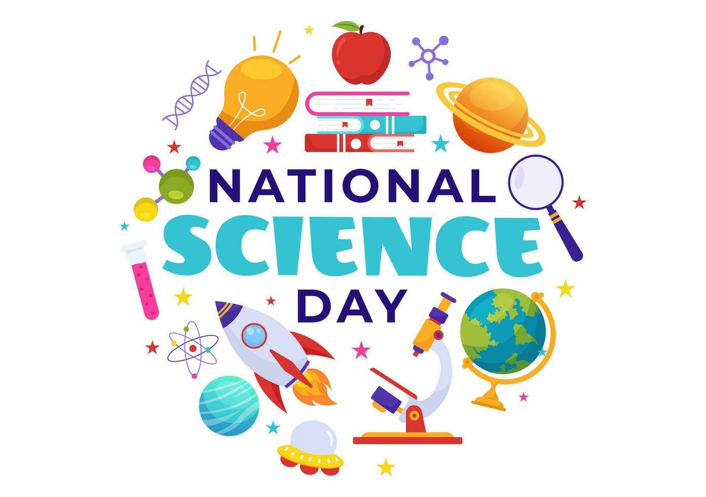 nazionale scienza giorno vettore illustrazione su febbraio 28 relazionato per chimico liquido, scientifico, medico e ricerca nel piatto cartone animato sfondo