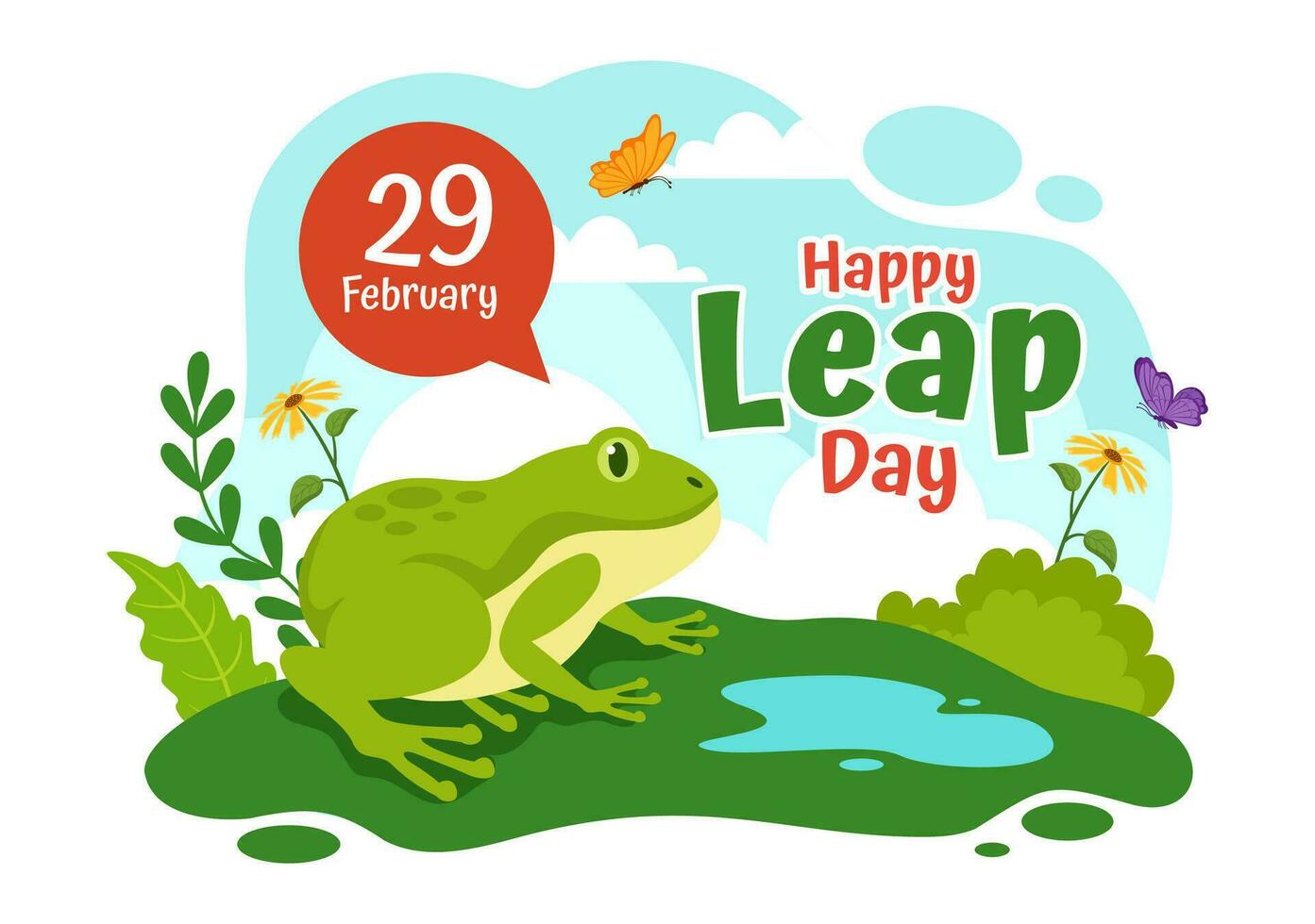 contento salto giorno vettore illustrazione su 29 febbraio con salto rane e stagno sfondo nel vacanza celebrazione piatto cartone animato design