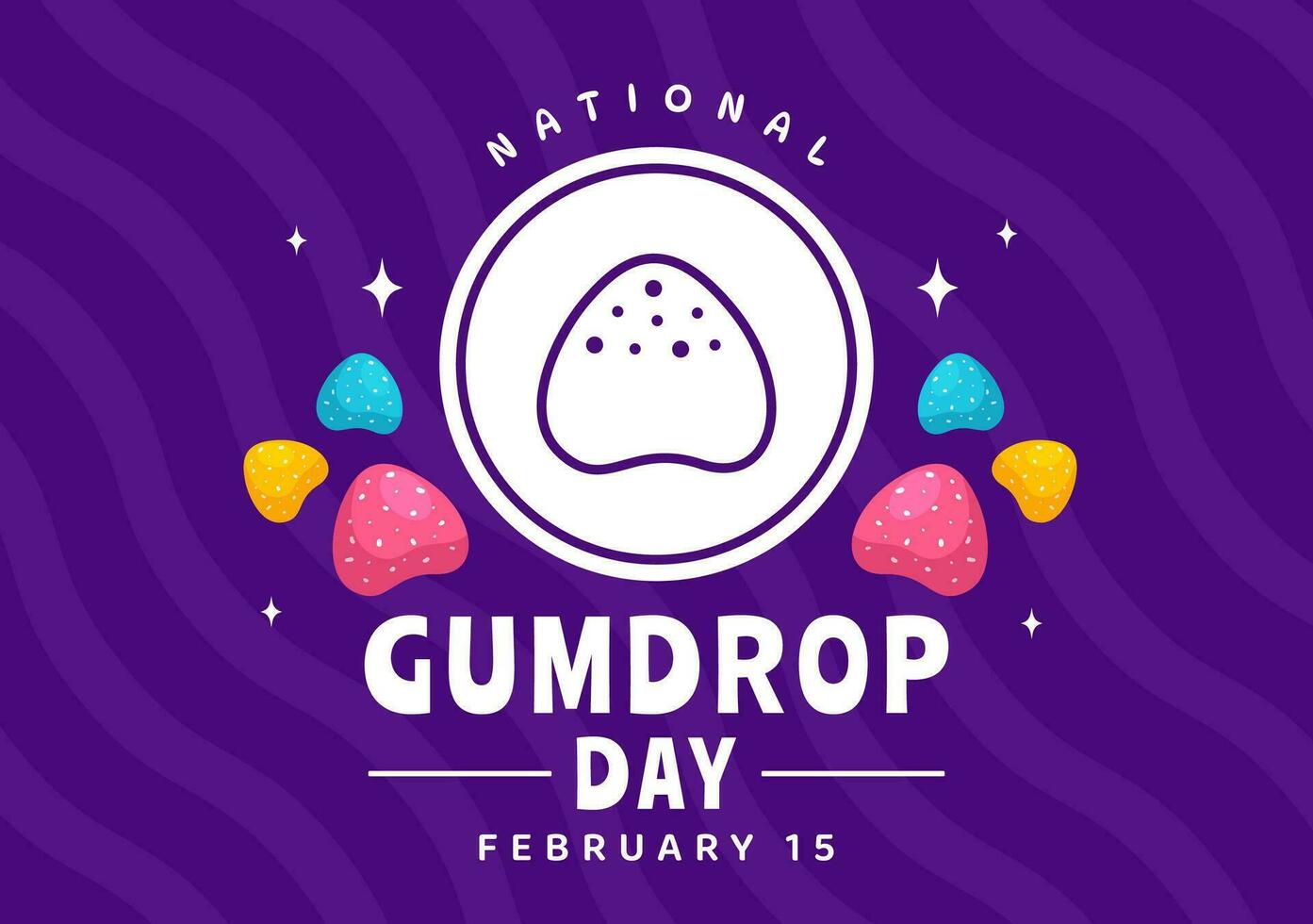 nazionale Gumdrop giorno vettore illustrazione su febbraio 15 con delizioso caramelle brillantemente colorato cupola sagomato nel piatto cartone animato sfondo