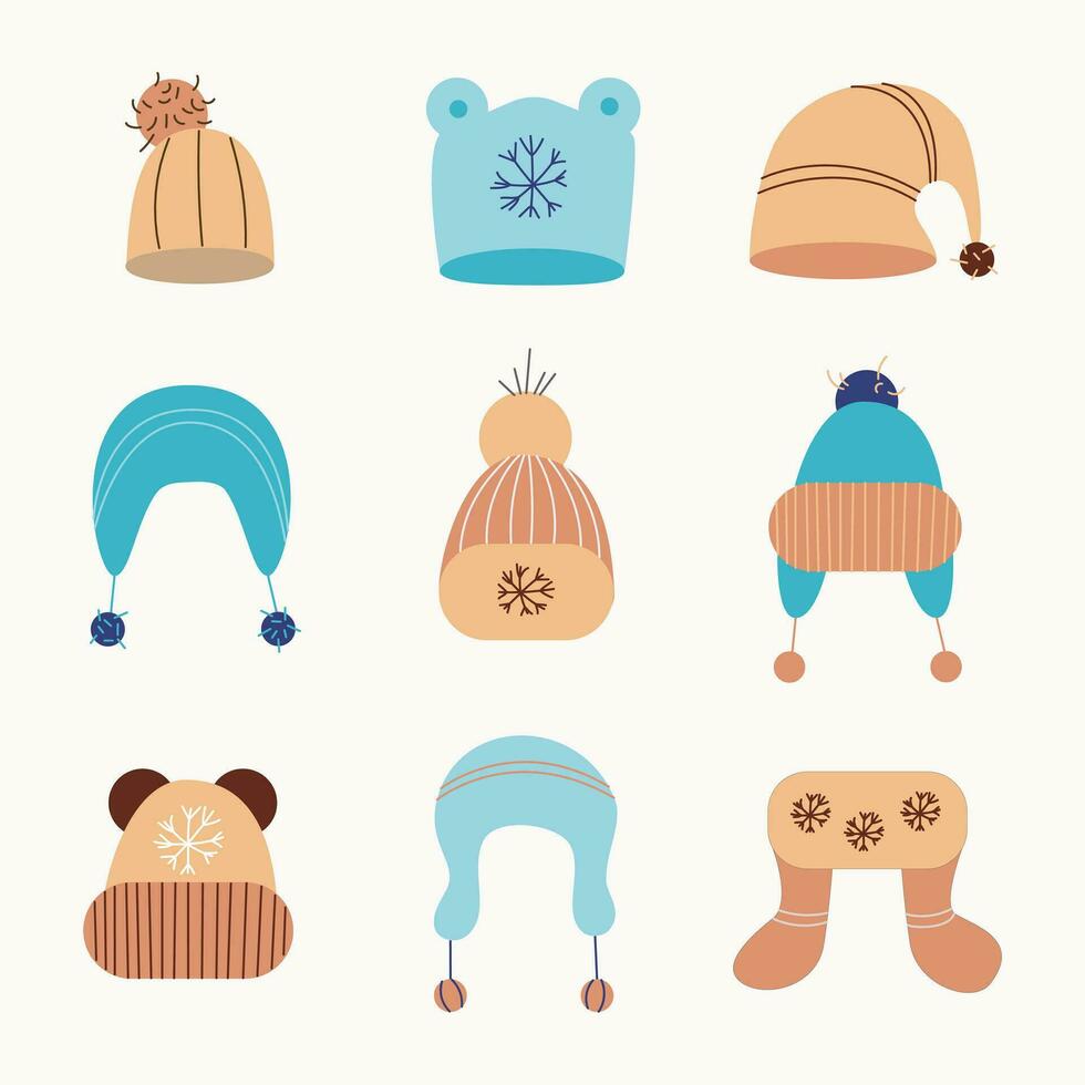 impostato di 9 inverno cappelli nel il stile di carino e minimalismo. colorato cappelli nel il accogliente stile vettore