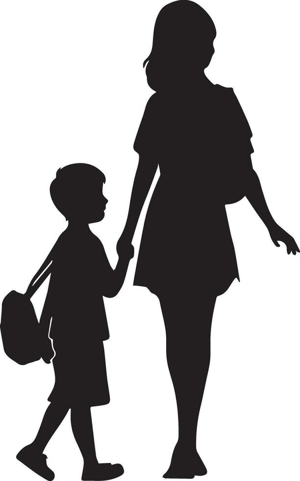 un' donna andando per scuola con sua bambino vettore silhouette 2