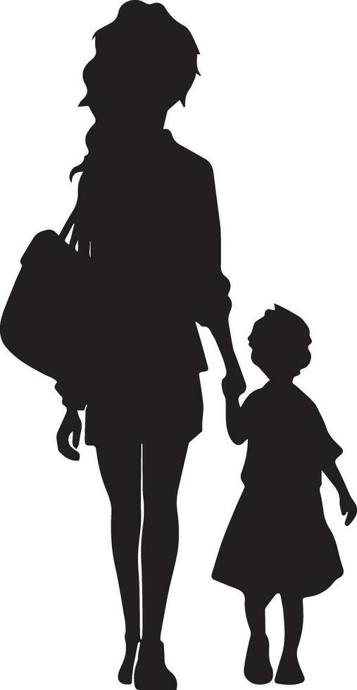 un' donna andando per scuola con sua bambino vettore silhouette 9