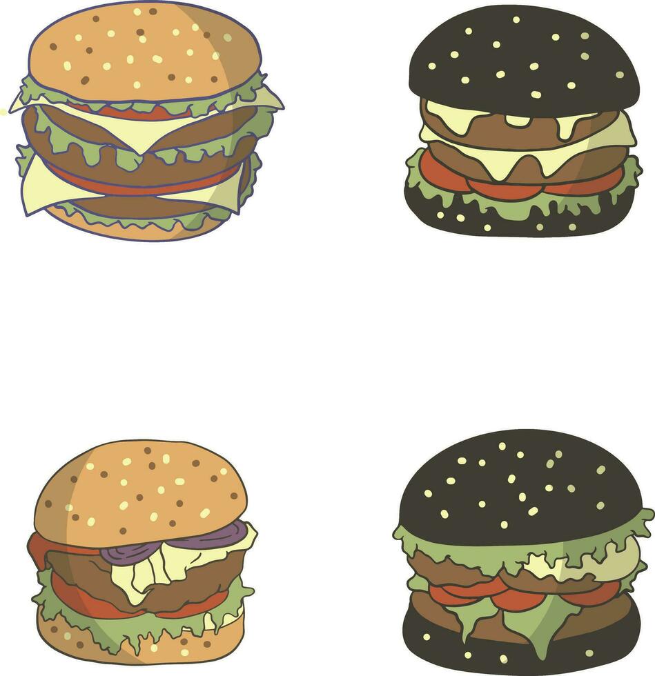 hamburger cibo illustrazione impostare. piatto cartone animato design. isolato vettore. vettore