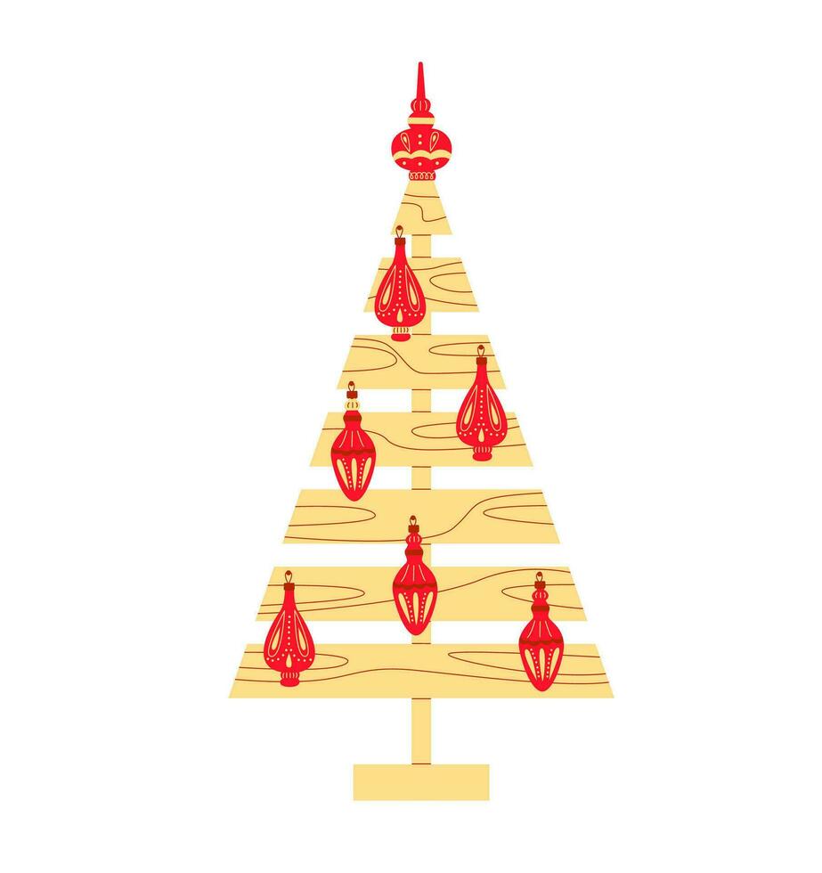 Natale albero fatto di legna con Natale albero giocattoli. fatto a mano, Fai da te. piatto vettore illustrazione su bianca sfondo.