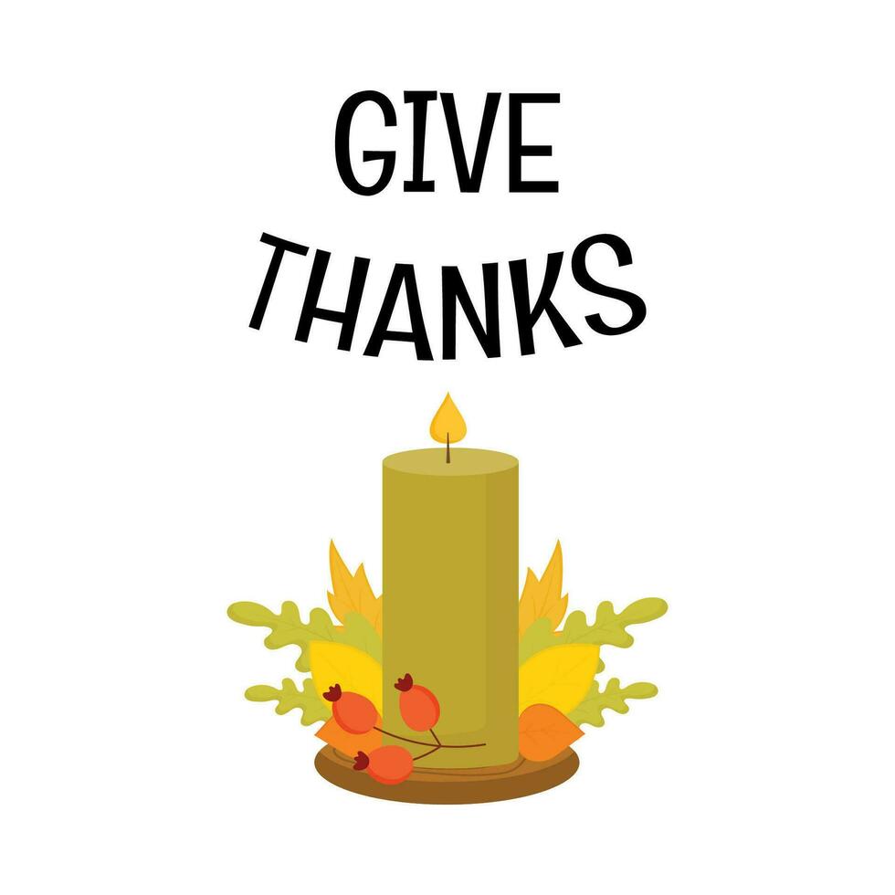 dare Grazie saluto carta. ringraziamento apprezzamento etichetta. autunno candela con autunno decorazioni, foglie, frutti di bosco. vettore