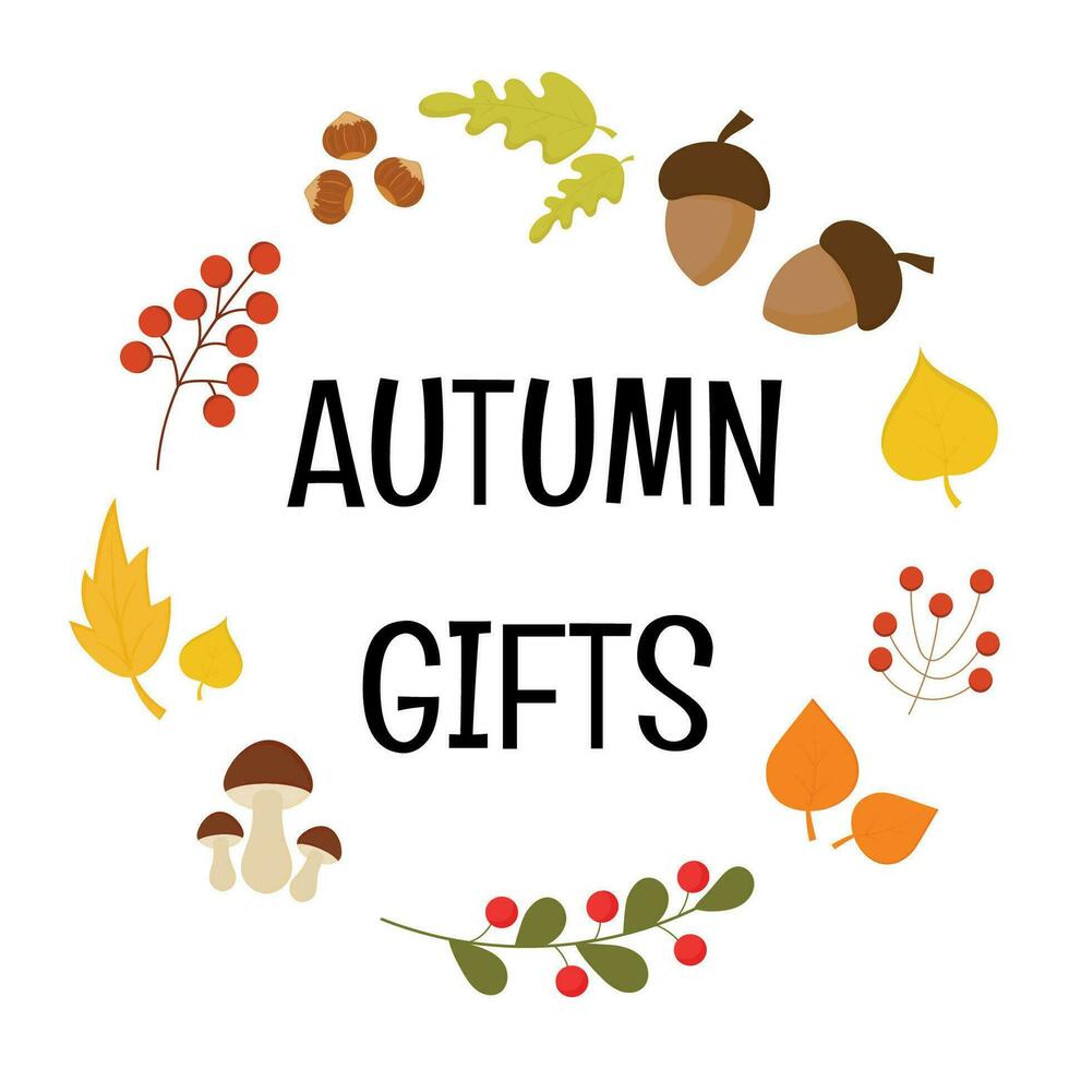 autunno mano disegnato lettering vettore telaio con foglie, funghi, frutti di bosco, ghianda. autunno i regali decorativo etichetta, etichetta, carta. autunno progettato telaio.