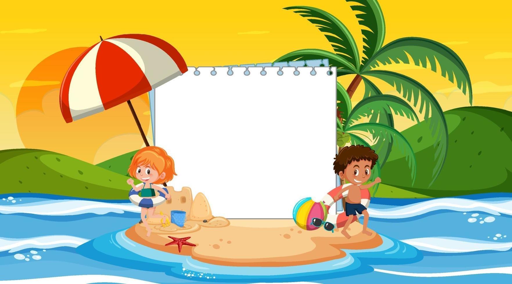 modello di banner vuoto con i bambini in vacanza sulla scena del tramonto sulla spiaggia vettore