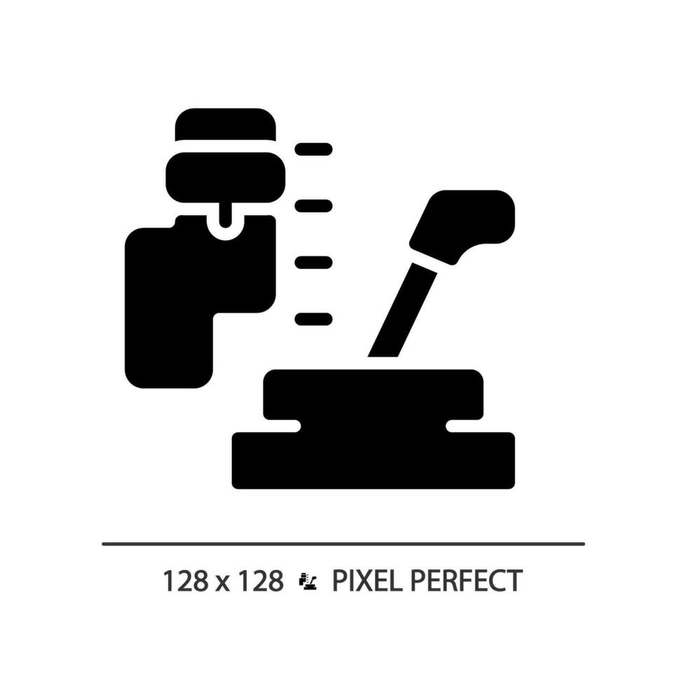 2d pixel Perfetto glifo stile auto Ingranaggio scatola icona, isolato vettore, semplice silhouette illustrazione che rappresentano auto servizio e riparazione. vettore