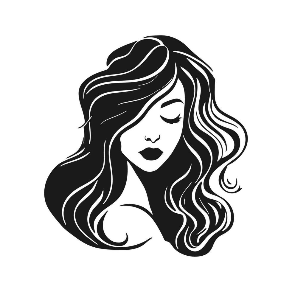 silhouette di un' donna con lungo fluente capelli, con isolato sfondo. vettore