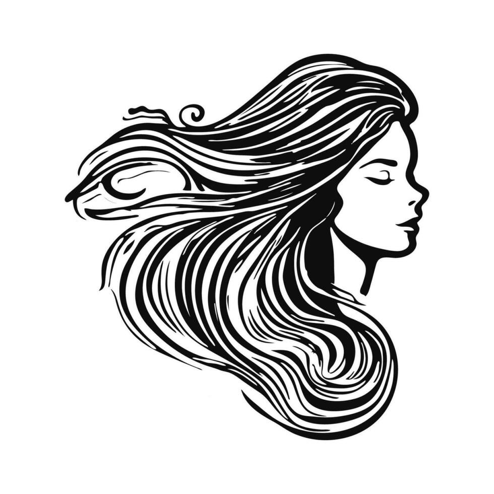 silhouette di un' donna con lungo fluente capelli, con isolato sfondo. vettore