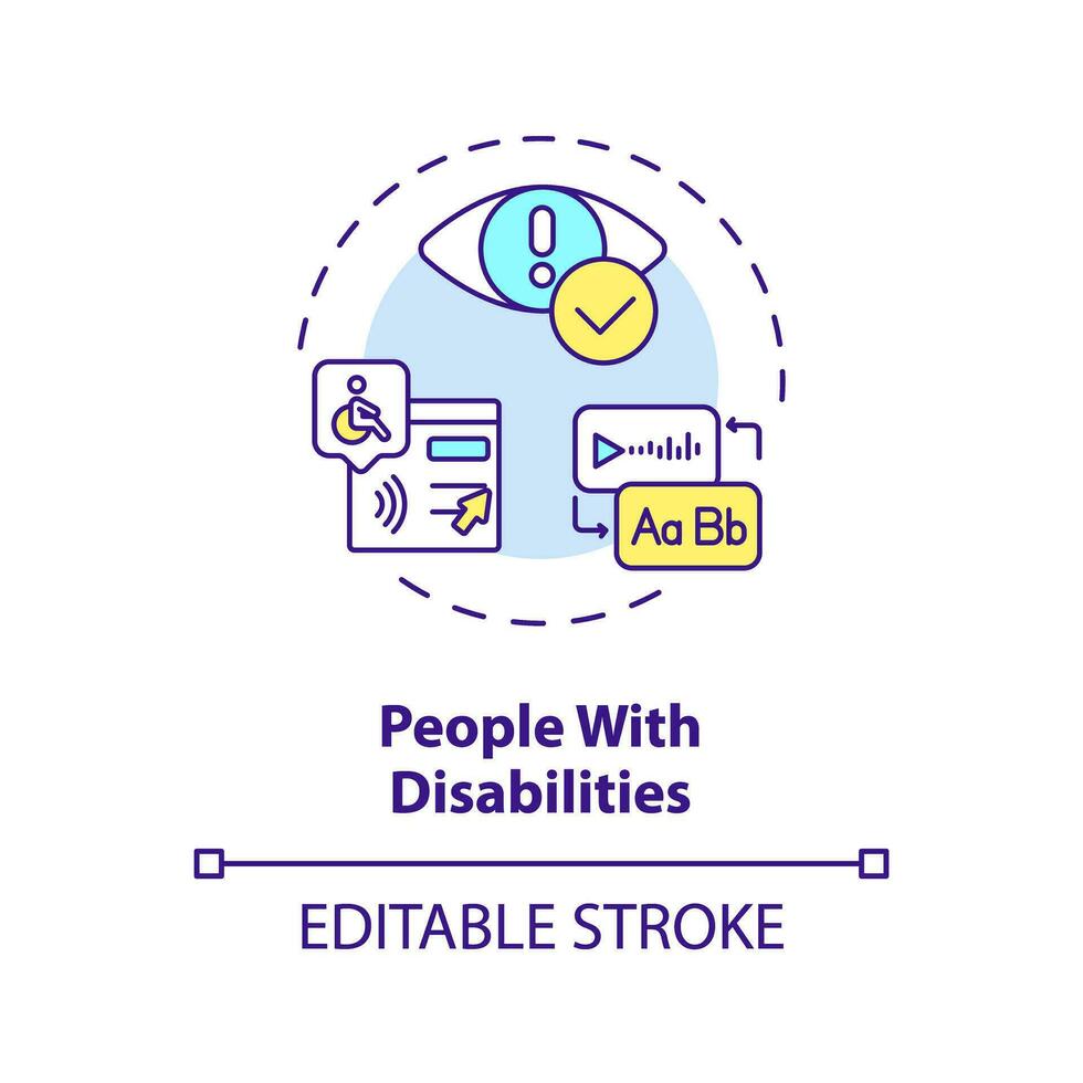 2d modificabile persone con disabilità magro linea icona concetto, isolato vettore, multicolore illustrazione che rappresentano voce assistente. vettore