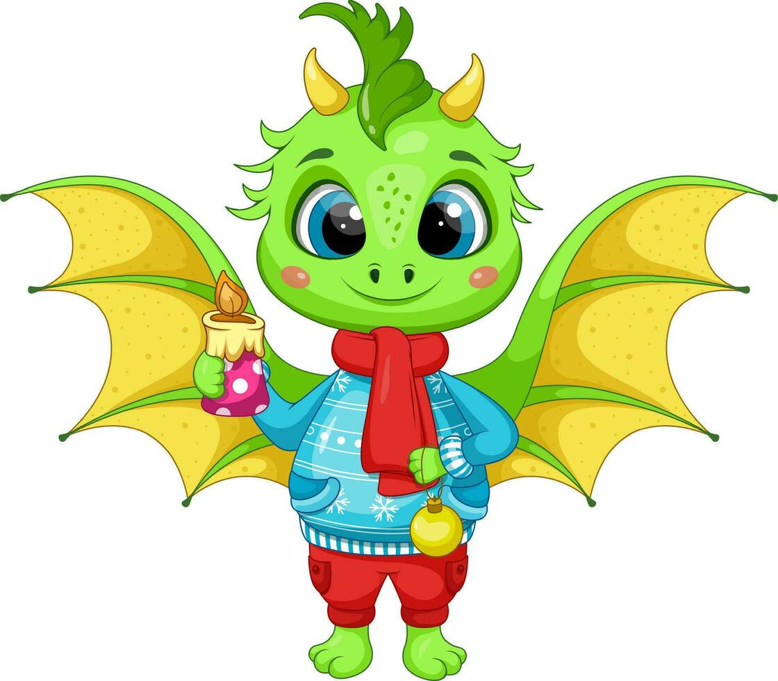 Natale cartone animato verde Drago con un' Natale candela e un' giocattolo vettore