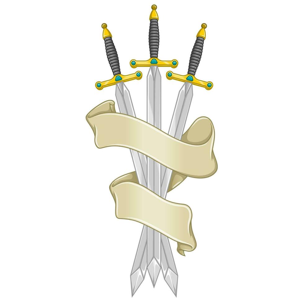 europeo medievale spada vettore disegno, medievale spade circondato con araldico nastro