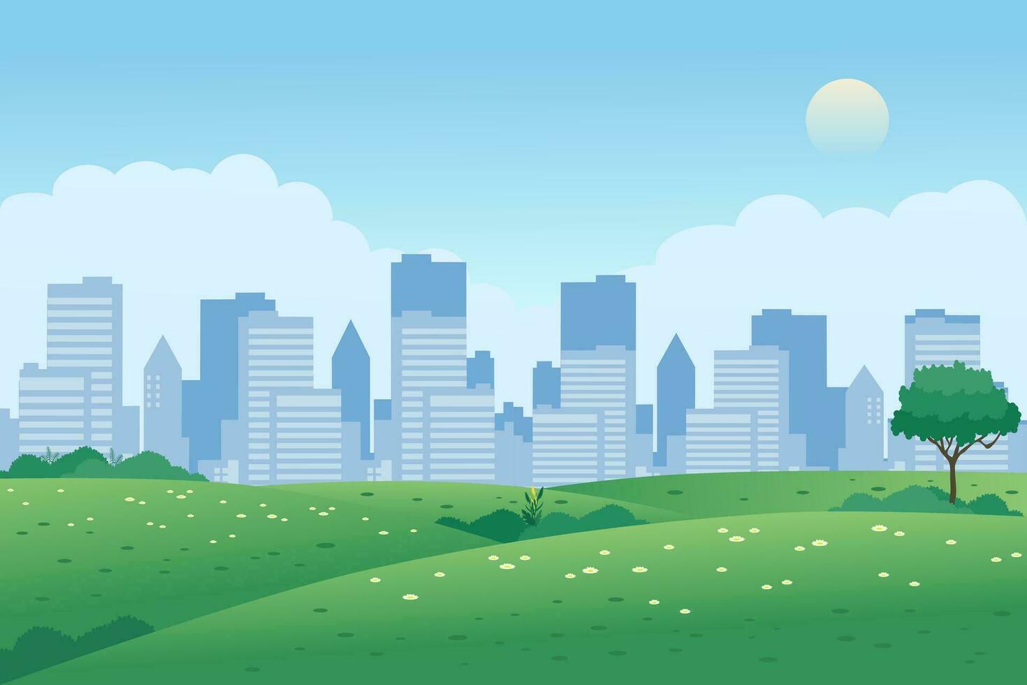 città parco panoramico paesaggio con verde praterie, prato, e edifici nel sfondo. vettore