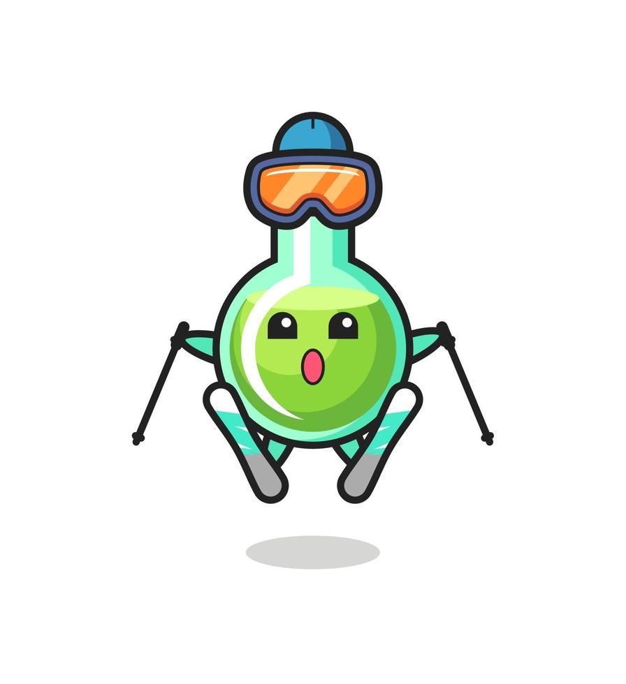 personaggio mascotte dei bicchieri da laboratorio come giocatore di sci vettore