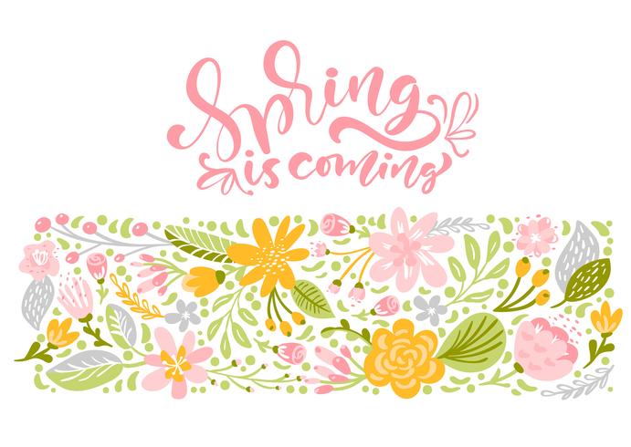 Cartolina d&#39;auguri di vettore del fiore con testo La primavera sta arrivando