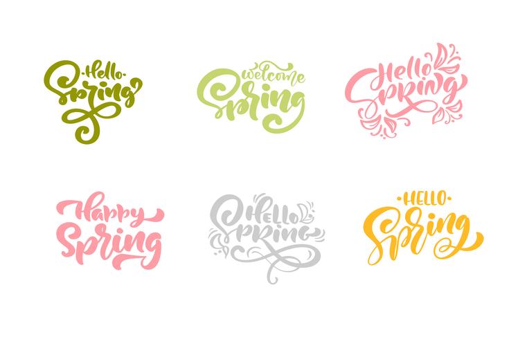 Set di sei frasi scritte a mano Hello Spring Pastel Calligraphy vettore