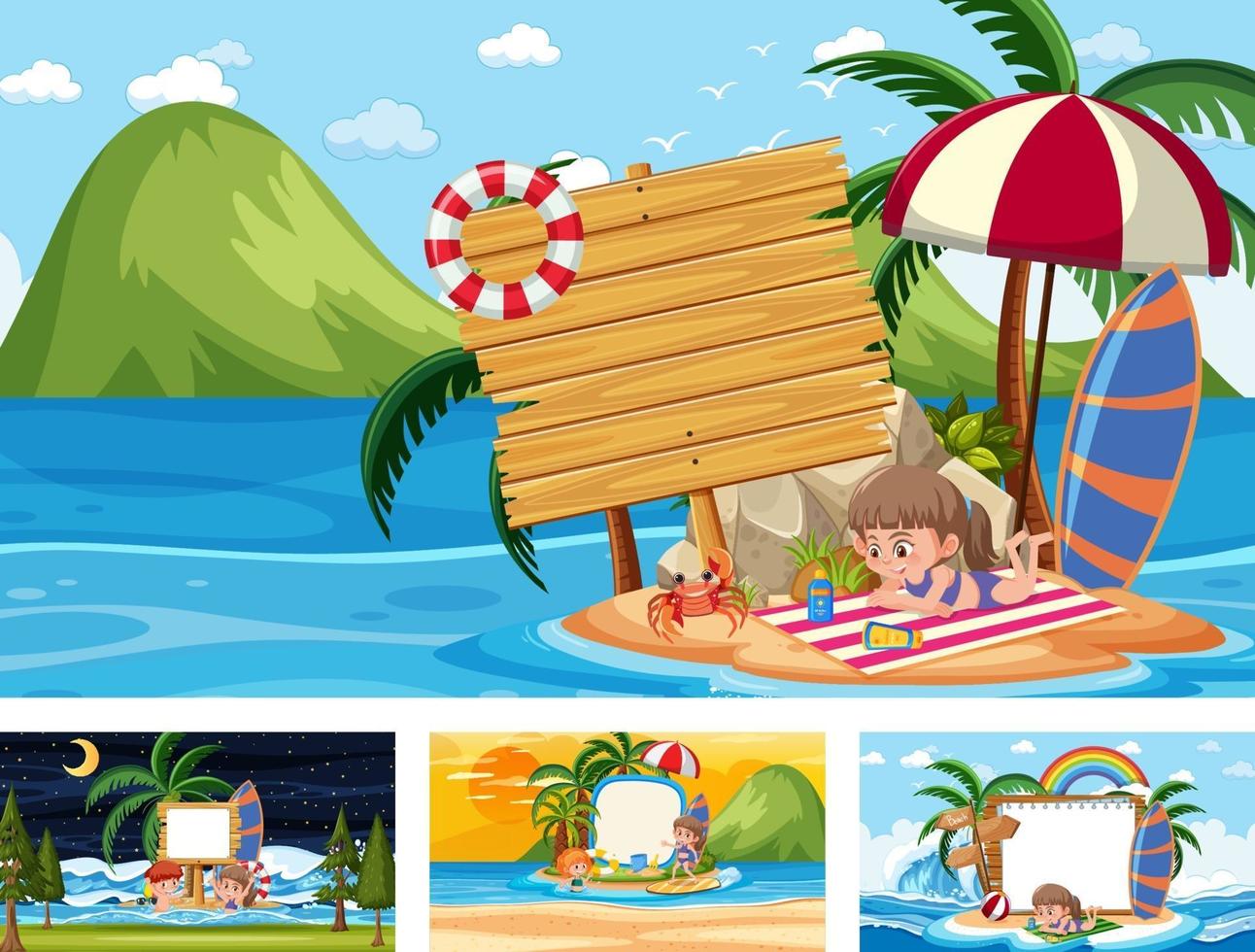 set di banner bianco in diverse scene di spiaggia tropicale vettore