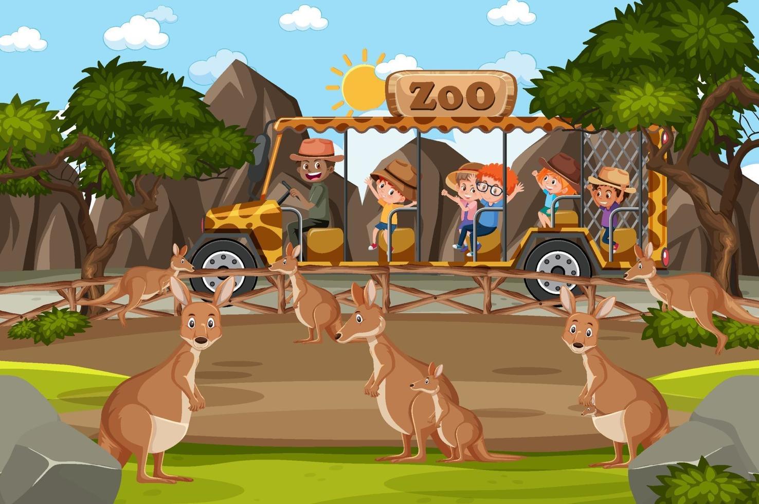 bambini in automobile turistica guardando il gruppo di canguri nella scena dello zoo vettore
