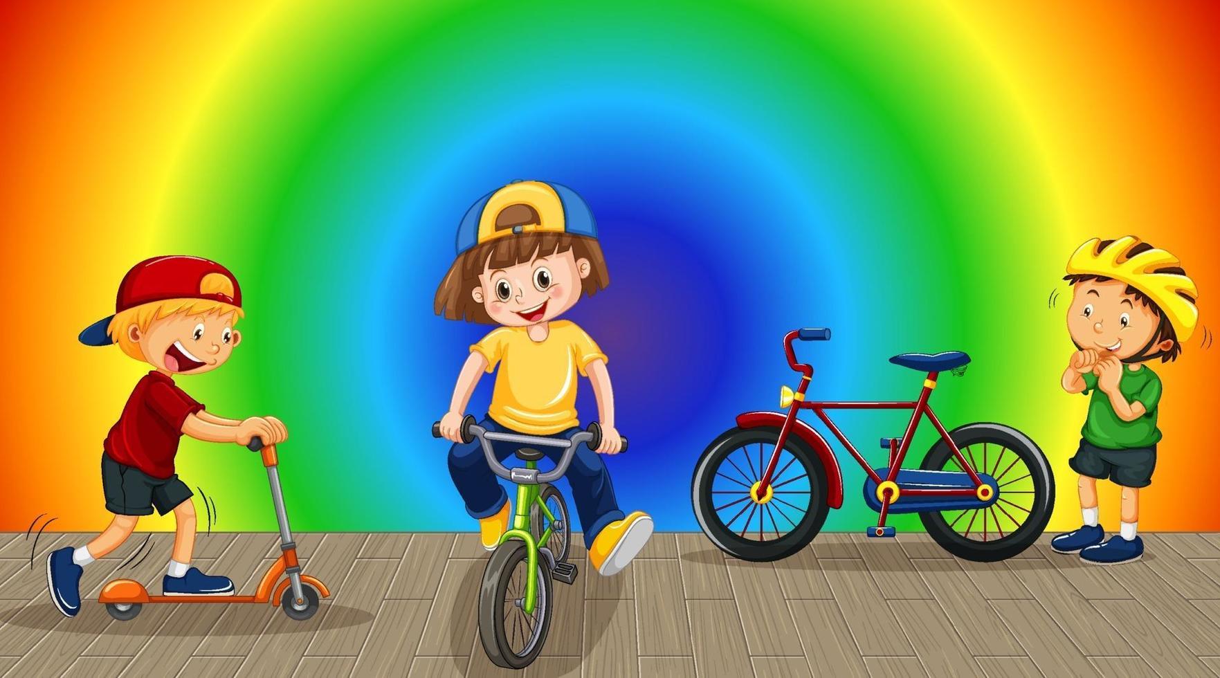 bambini che fanno diverse attività su sfondo sfumato arcobaleno vettore