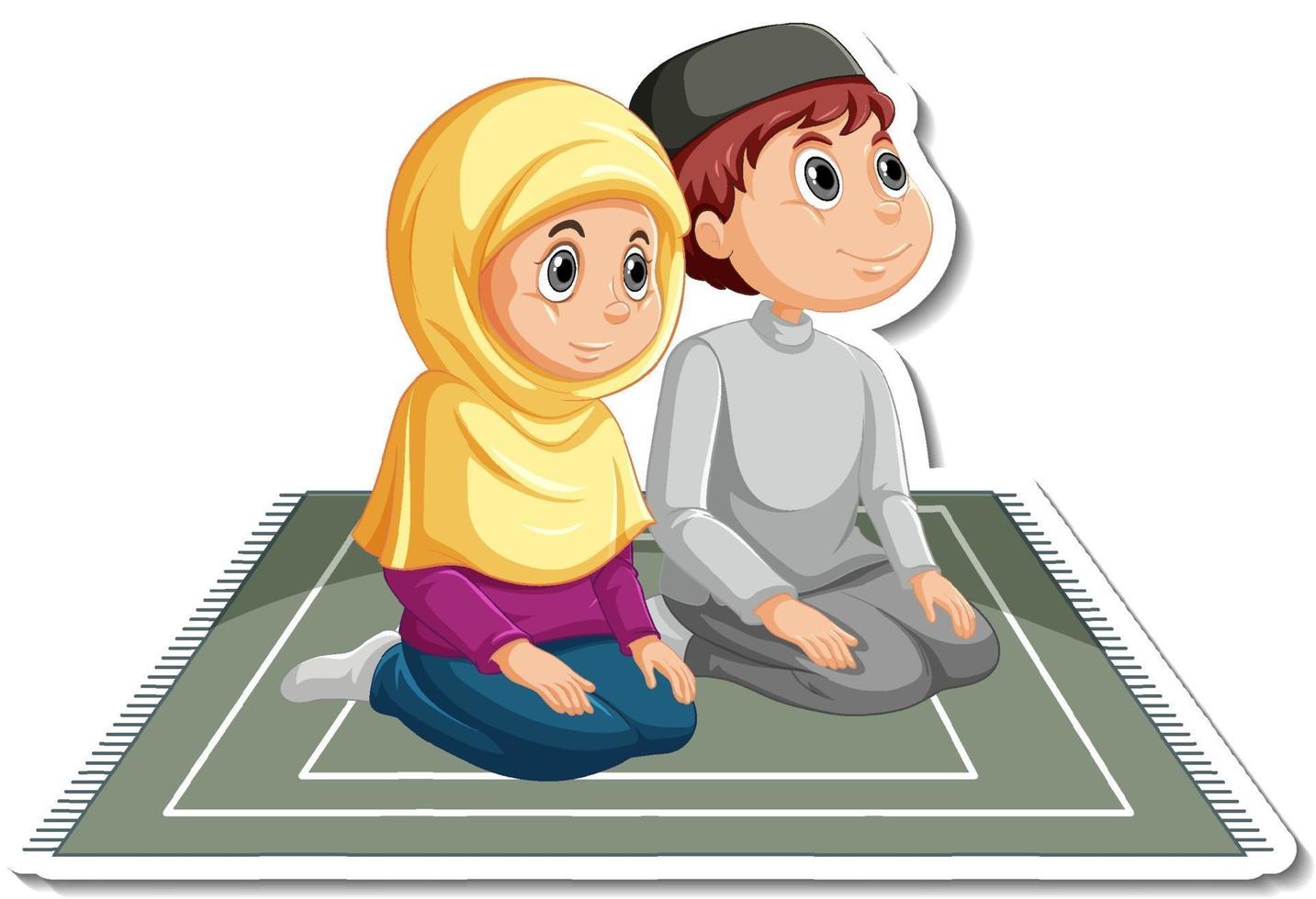 un modello di adesivo con un paio di personaggi dei cartoni animati di bambini musulmani vettore