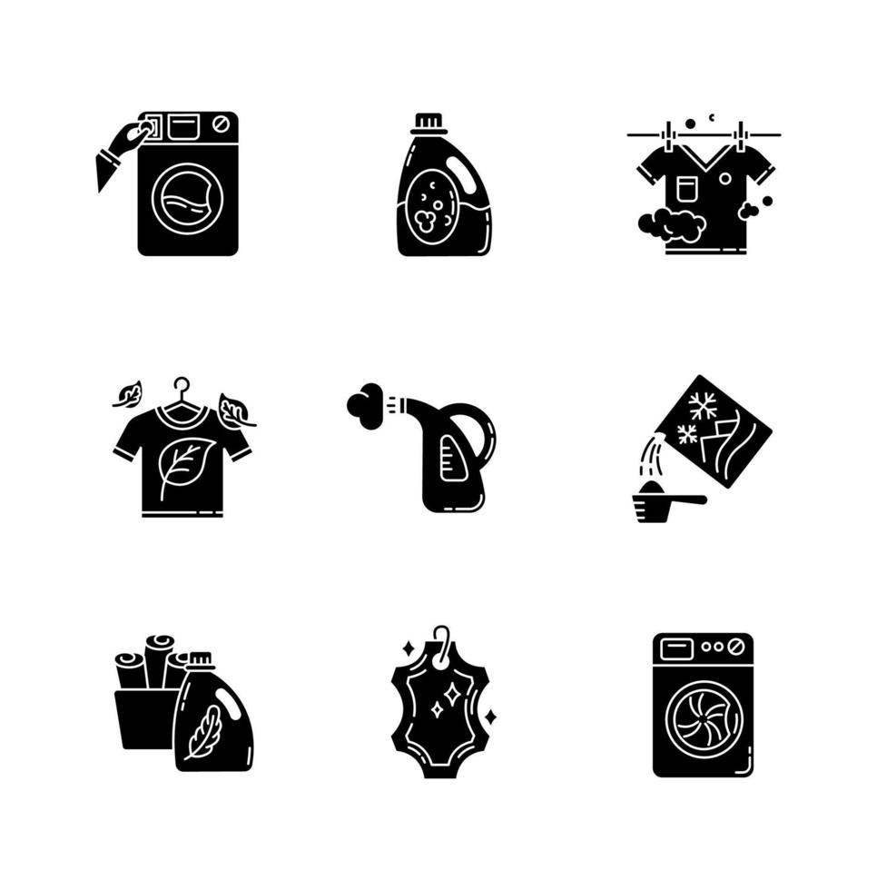 tipi di lavanderia icone glifi nere impostate su spazio bianco vettore