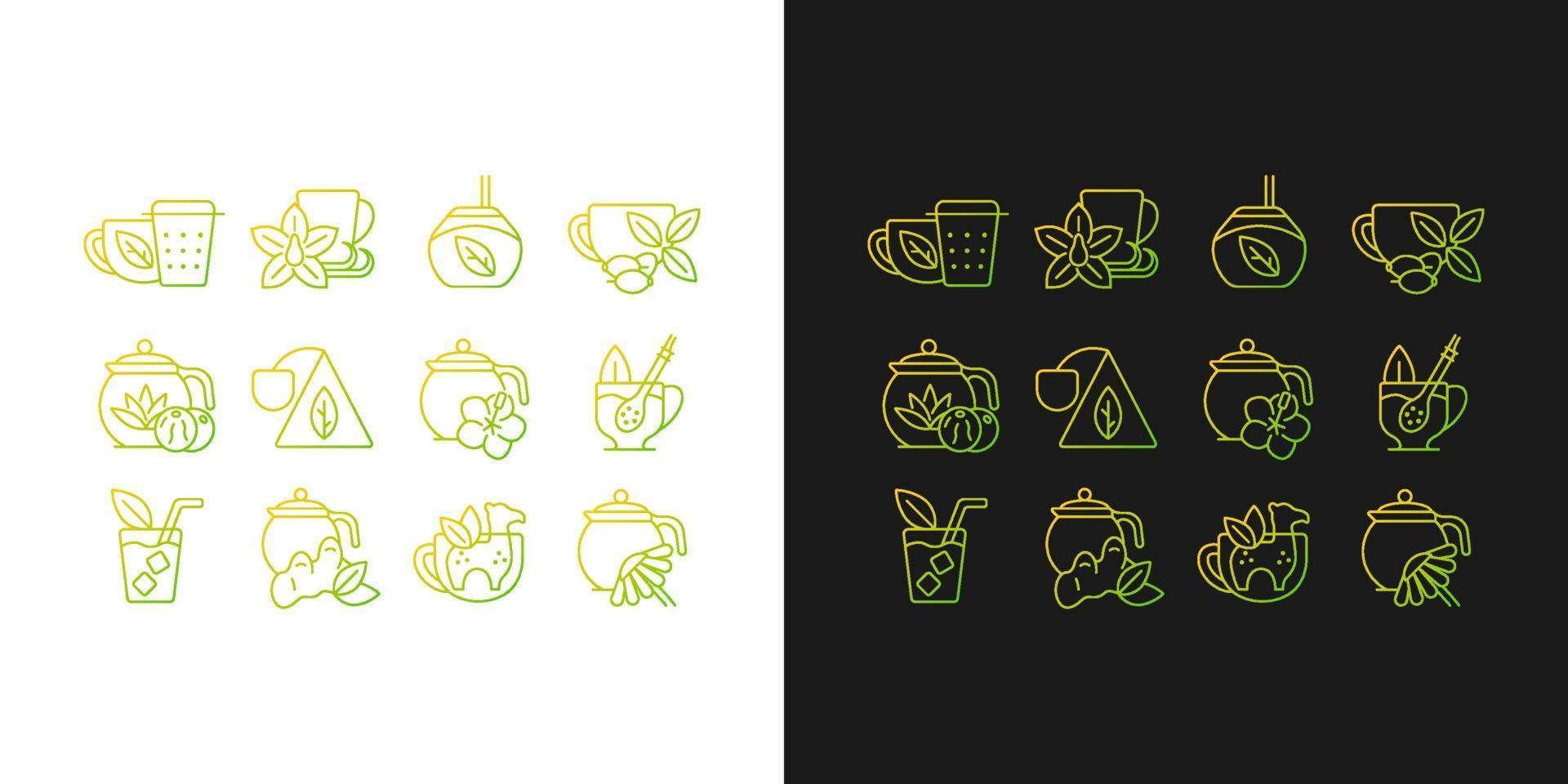 icone sfumate relative al bere il tè impostate per la modalità scura e chiara vettore