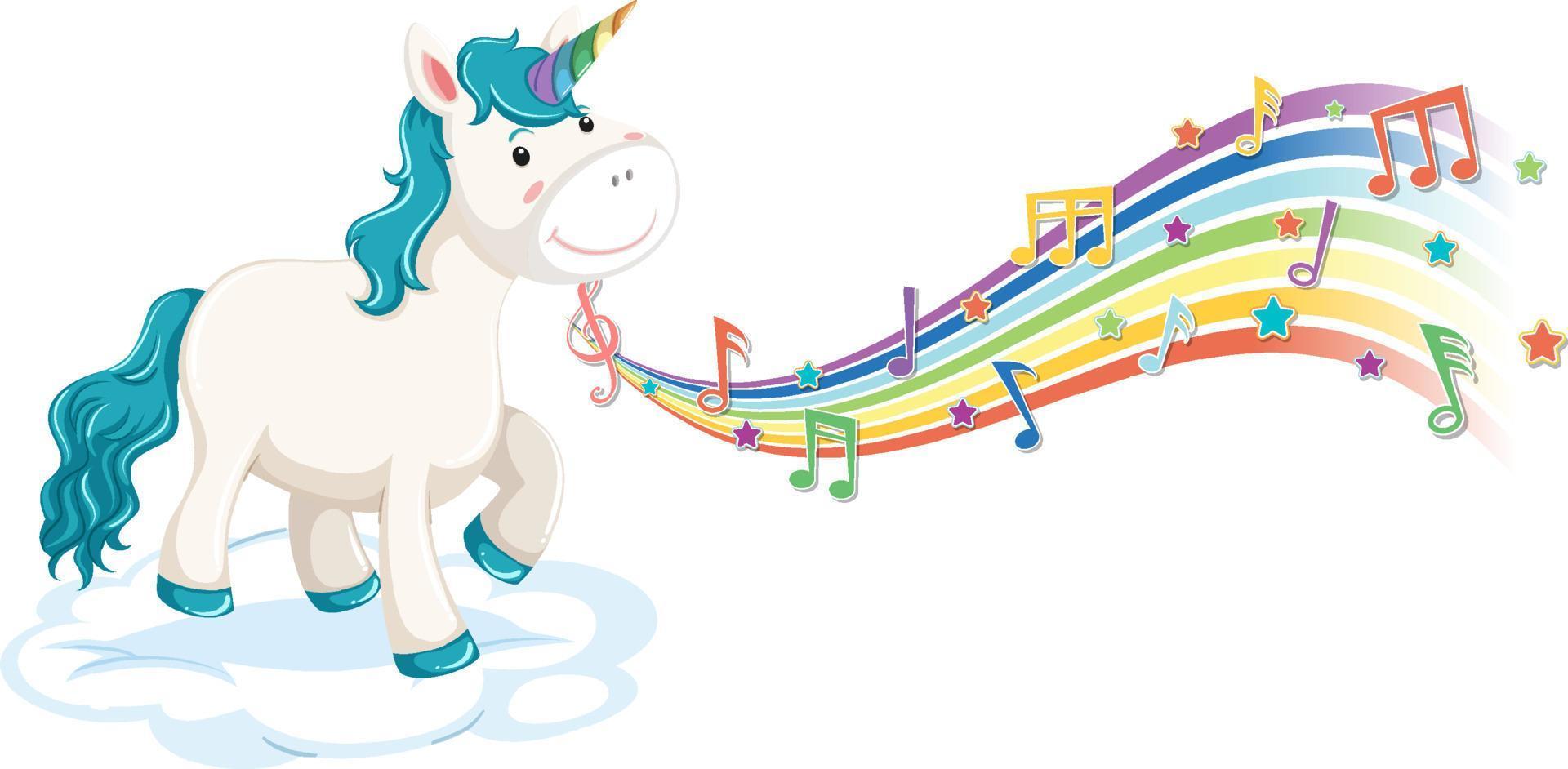 unicorno blu in piedi sulla nuvola con simboli di melodia sull'arcobaleno vettore