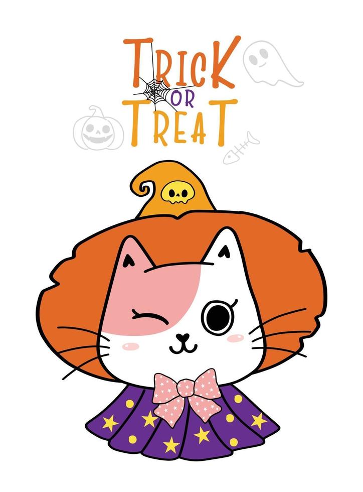 carino gattino gatto ragazza strega costume dolcetto o scherzetto cartone animato scarabocchio vettore