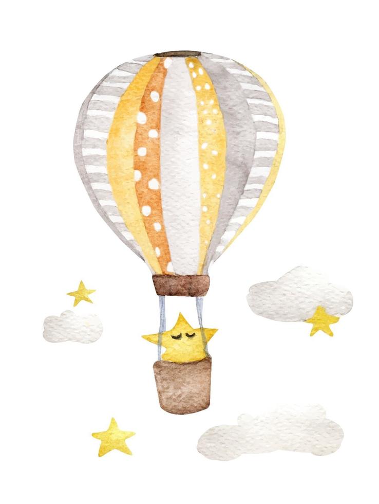 mongolfiera vintage con stelle e nuvole. illustrazione dell'acquerello. vettore