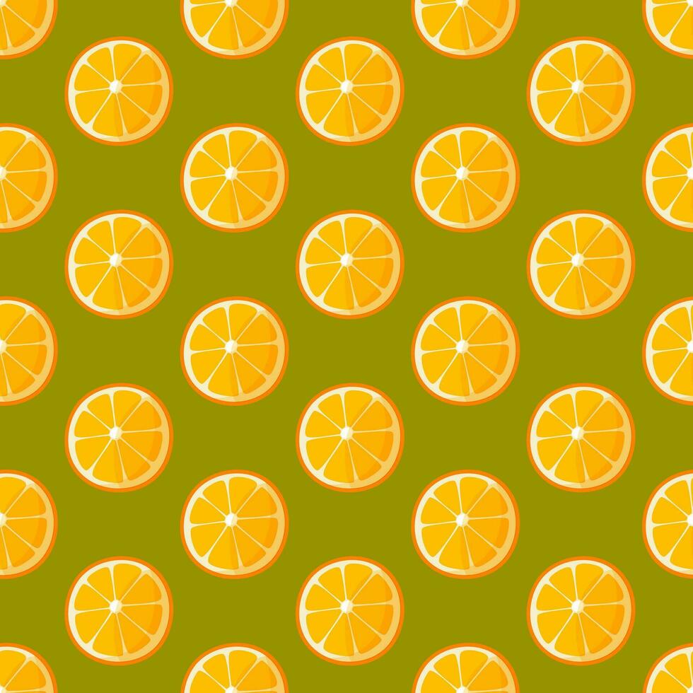 senza soluzione di continuità modello di il giro identico arancia fette con le foglie su un' verde sfondo. agrume sfondo per estate tessuti, sfondi, arancia prodotti manifesti, involucro carta. vettore illustrazione.