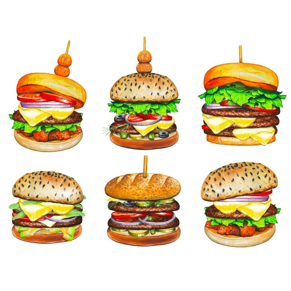impostato con mano disegnato hamburger, acquerello cibo illustrazione. vettore