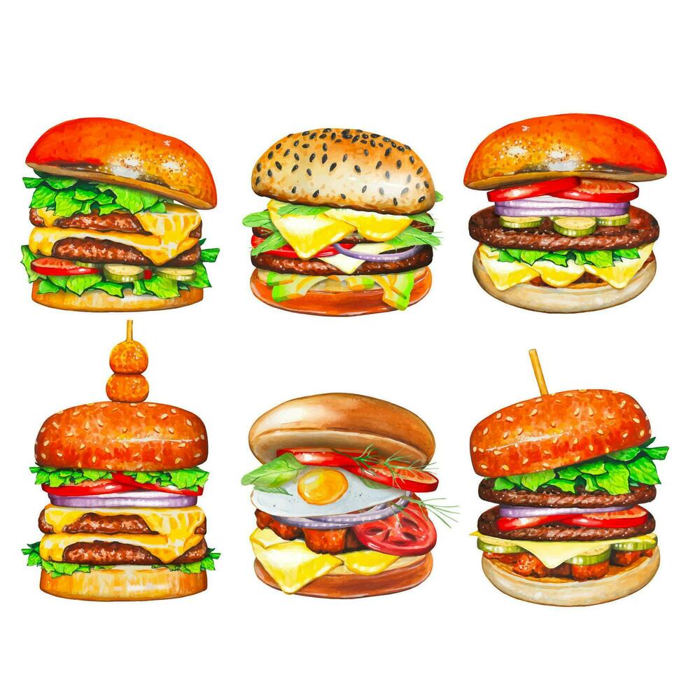 impostato con mano disegnato hamburger, acquerello cibo illustrazione. vettore