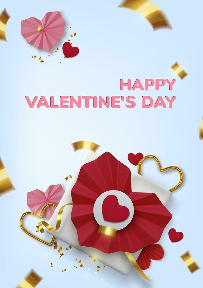 san valentino giorno saluto carta. realistico 3d rosso carta cuori e regalo su blu sfondo. amore e nozze. modello per prodotti, ragnatela banner e volantini. vettore illustrazione