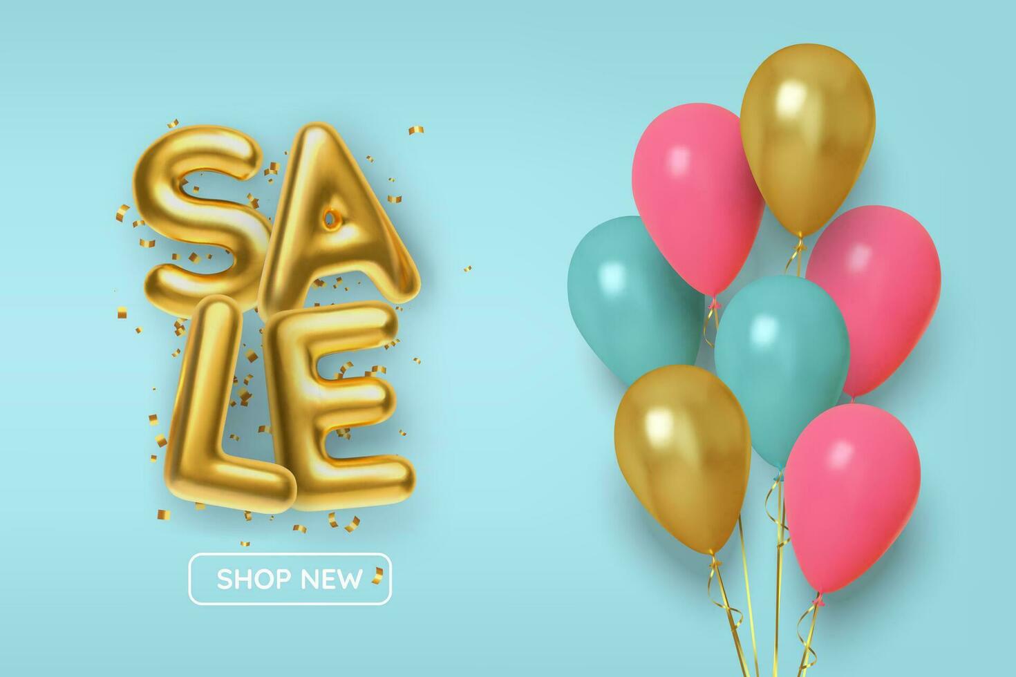 sconto promozione vendita fatto di realistico 3d oro palle con rosa e oro palloncini. vettore