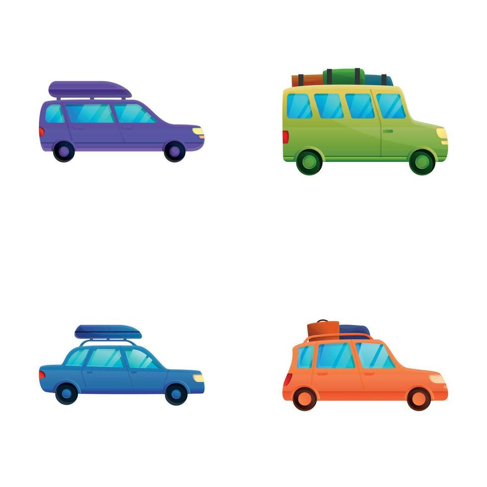 autotravel icone impostato cartone animato vettore. auto con bagaglio su tetto vettore