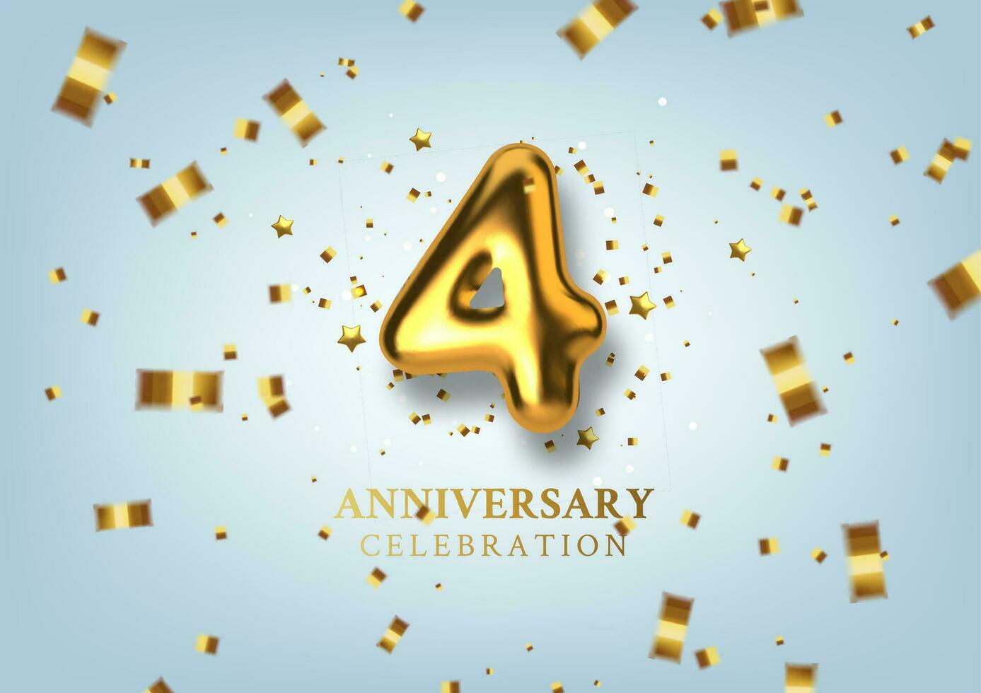4 ° anniversario celebrazione. numero nel il modulo di d'oro palloncini. realistico 3d oro numeri e scintillante coriandoli, serpentina. orizzontale modello per compleanno o nozze evento. vettore