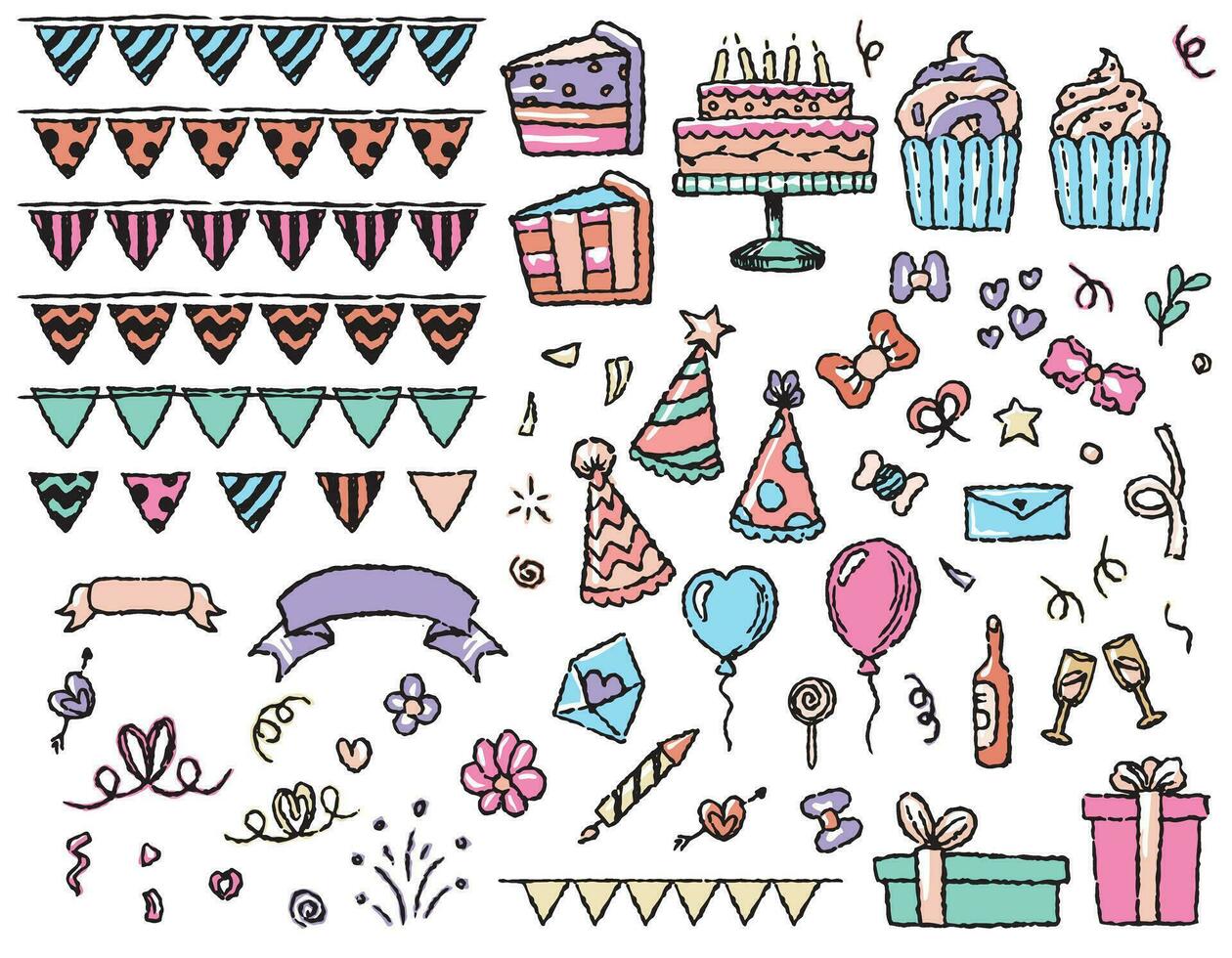 impostato di festivo compleanno elementi, torte, cupcakes, palle, fuochi d'artificio, i regali, bandiere, caramelle. vettore grafica per compleanno, per carta disegno, carta disegno, Stampa. linea stile