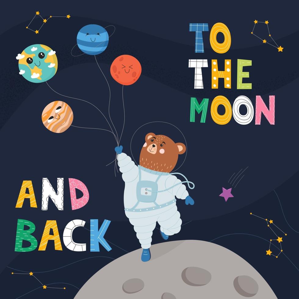 orso astronauta in tuta spaziale sulla luna. poster per bambini vettore